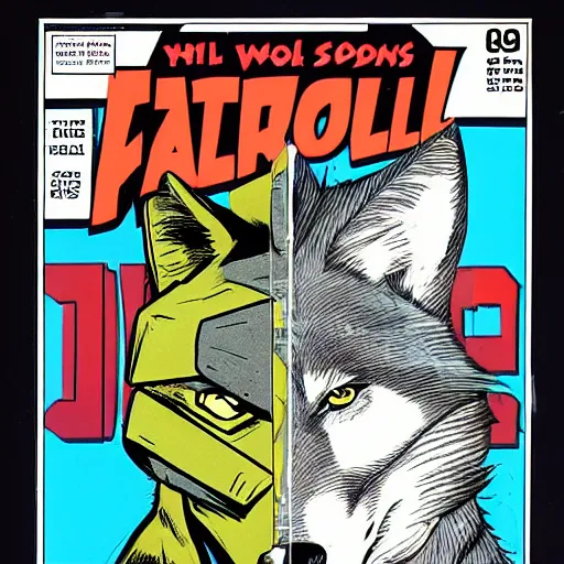 Image similar to 1 9 8 0 s comic book cover scan featuring a portrait of villain male wolf o'donnell anthropomorphic wolf furry fursona from starfox wearing a dark space mercenary uniform, dark grey wolf, handsome eyes, wolf o'donnell