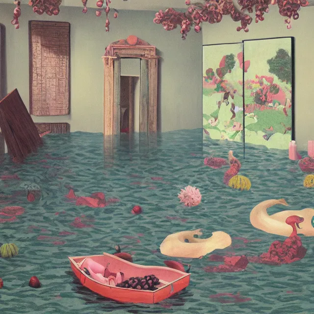 Image similar to painting of flood waters inside an artist's feminine bedroom, female emo art student, a river flooding indoors, pomegranates, pigs, ikebana, water, octopus, river, rapids, waterfall, black swans, canoe, berries, acrylic on canvas, surrealist, by magritte and monet