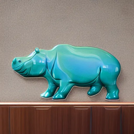 Prompt: a smooth glossy acrylic hippopotamus made of woodgrain and teal blue ceramic, hd photograph