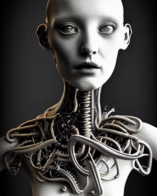 Image similar to black and white dreamy foggy smoky profile face portrait, one silver steampunk eye biomechanical beautiful young female cyclope - cyborg - robot bust, body ribs meshes,, volumetric light, hibiscus flowers, by hg giger, rim light, by dora maar and cecile beaton, big gothic fashion pearl embroidered collar, 8 k