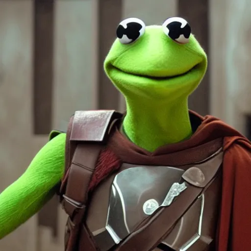 Image similar to Film still of Kermit the Frog as a Mandalorian, from The Mandalorian (2019)