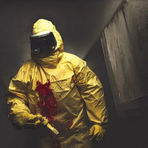 Prompt: still from the movie saw, low angle skewed shot of a man in a bloody hazmat suit, big shovel, blood, horror, award winning photo, high detail, atmospheric, 8k