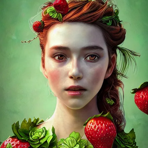 Prompt: the portrait of an absurdly beautiful, graceful, elegant, young woman made of strawberries and green petals, an ultrafine hyperrealistic detailed illustration by kim jung gi, irakli nadar, intricate linework, bright colors, octopath traveler, final fantasy, angular, unreal engine 5 highly rendered, global illumination, radiant light, detailed and intricate environment