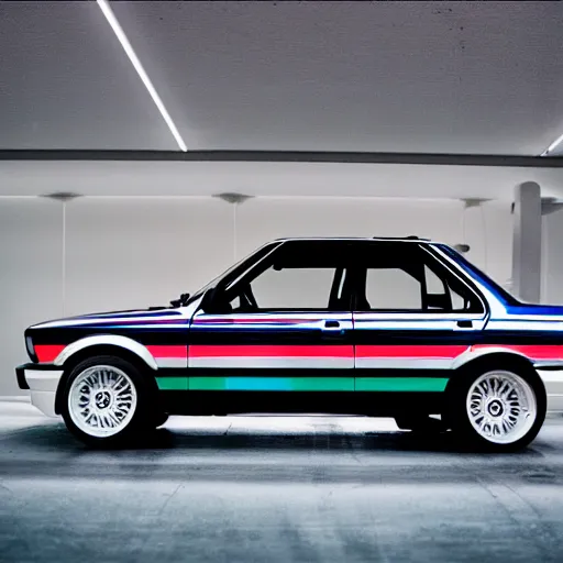 Image similar to a modified bmw e 3 0 with lights on in a futuristic neon parking garage, 3 5 mm photography, car photography, clean lines, realistic