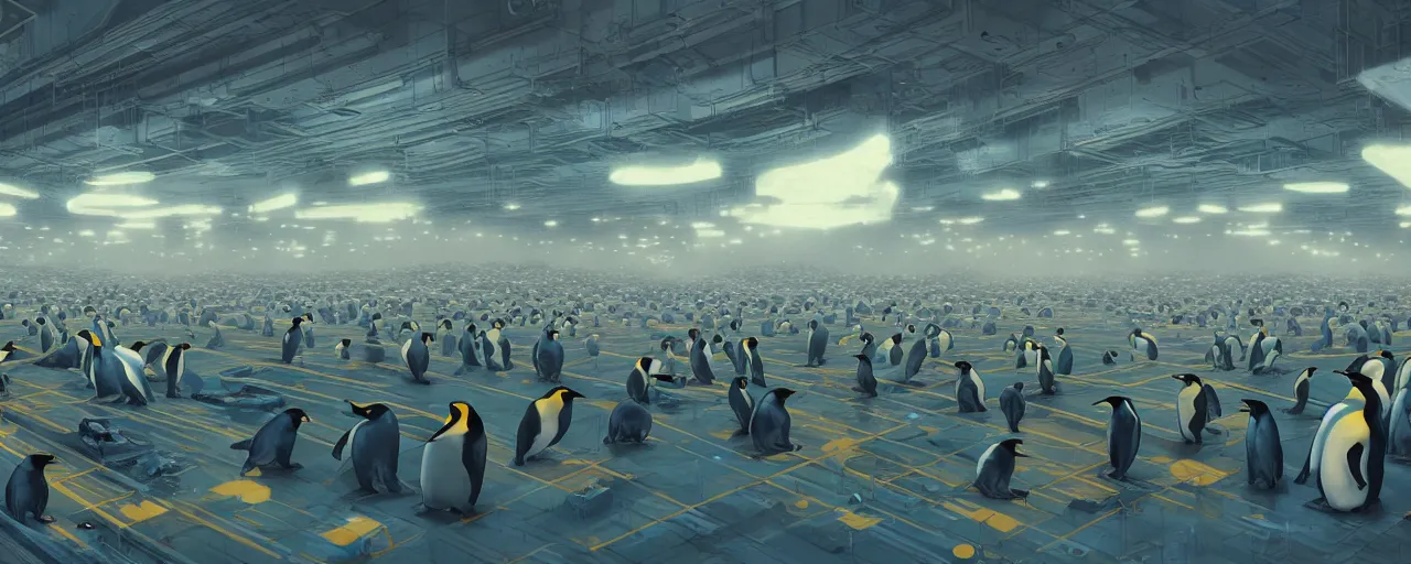 Prompt: duotone concept illustration of emperor penguins in scifi room full of computers. cinematic scene. volumetric lighting. golden ratio accidental renaissance. by sachin teng and sergey kolesov and ruan jia and heng z. graffiti art, scifi, fantasy, hyper detailed. octane render. concept art. trending on artstation