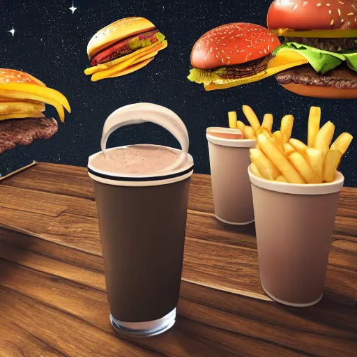 Image similar to a burger and fries and shake floating through space, realism, 4 k, galaxy, milky way, high detail