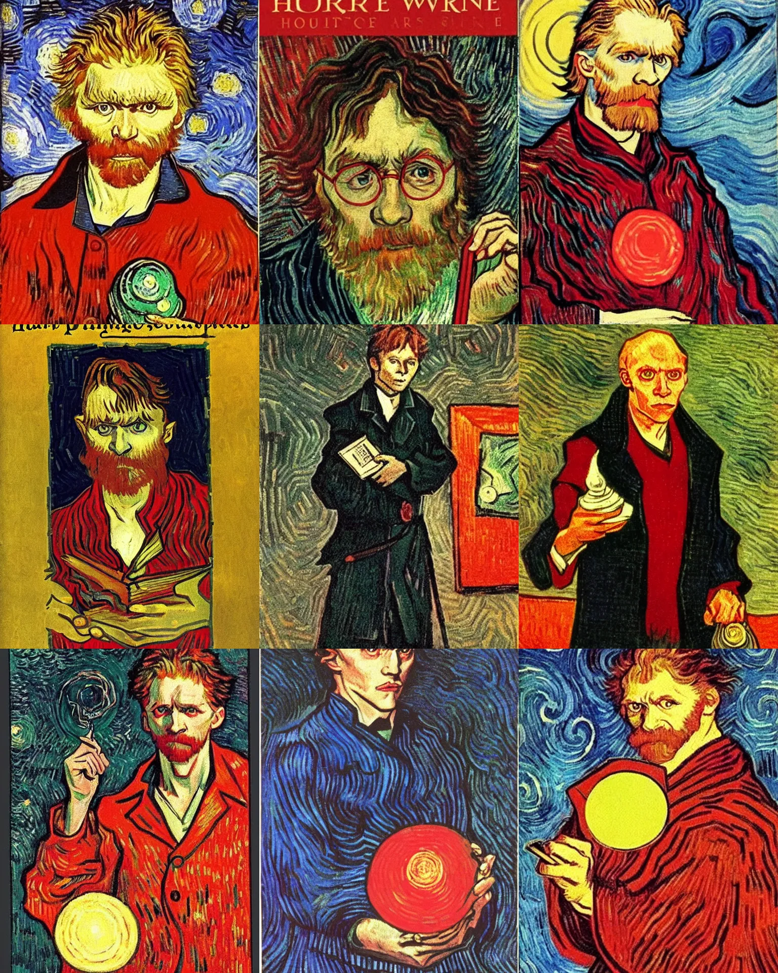 Prompt: harry is holding a red shining stone, harry potter and the philosopher's stone ( 1 9 9 7 ) book cover design, by van gogh, book title visible