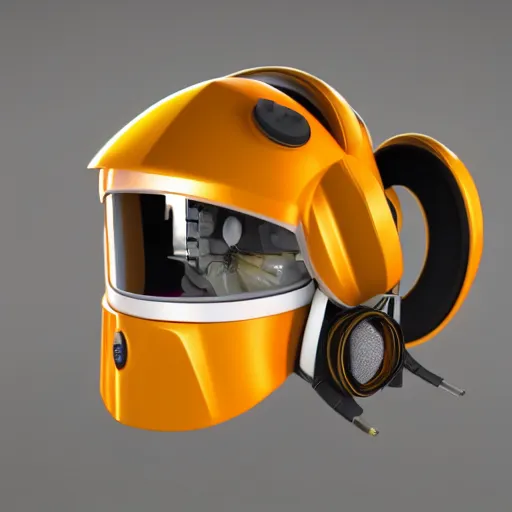 Image similar to photo of hyper detailed boxcutter hard surface modelling rear view of yellow orange and gold astronaut helmet, arstation, cables wires, heart symbols, unreal engine 5