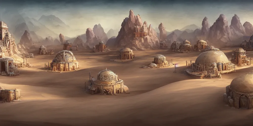 Prompt: a temple city surrounded by white salt desert dunes, merchants, colorful, matte oil painting, chrome cathedrals, retrofuturistic, concept art, science fantasy, mutant, lgbt, rpg, epic, rust, salt, jungle, dungeons & dragons, sharp focus, award - winning, extremely detailed, 4 k, 8 k