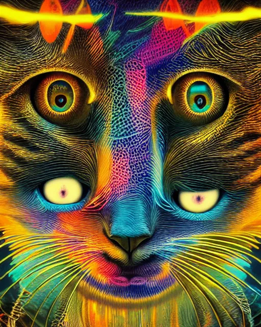 Image similar to psychedelic 6 0 s portrait of funny giant cute eyes kitten, intricate abstract. intricate artwork, by tooth wu, wlop, beeple, dan mumford. concept art, octane render, trending on artstation, greg rutkowski very coherent symmetrical artwork. cinematic, key art, hyper realism, high detail, octane render, 8 k, iridescent accents