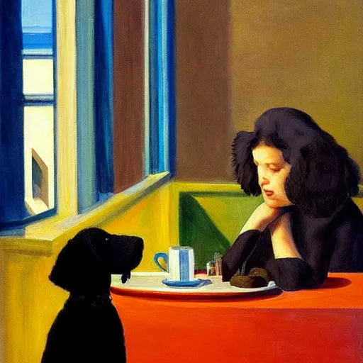 Image similar to Black Goldendoodle with a bright face and a puppy sitting at a diner drinking a cup of coffee, looking melancholy, edward hopper