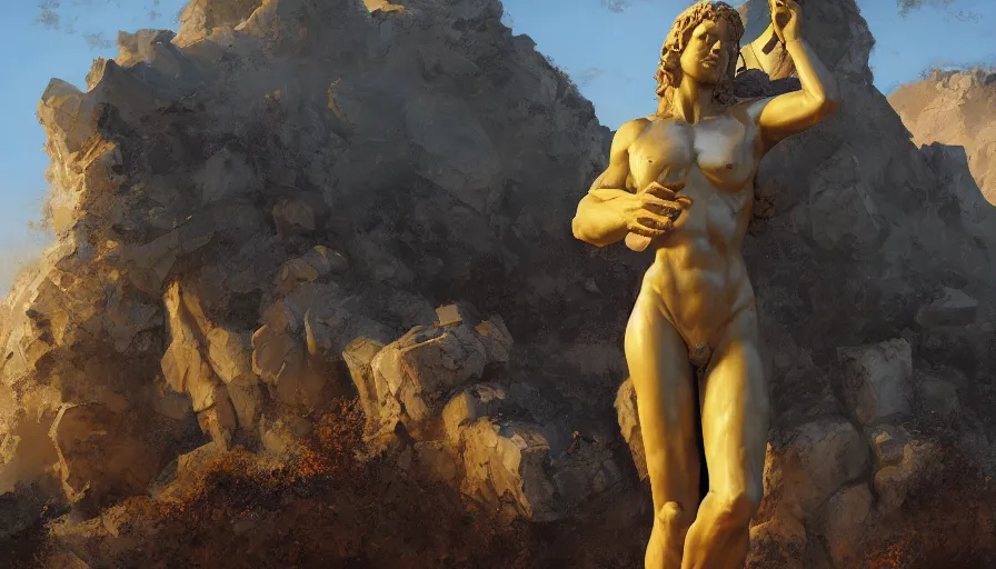 Image similar to craig mullins and ghibli digital illustration of the greek statue of the sun, unreal engine, hyper realism, realistic shading, cinematic composition, realistic render, octane render, detailed textures, photorealistic, wide shot