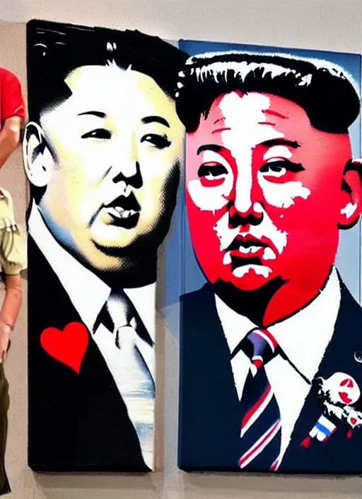 Image similar to banksy trump made peace with kim jong un art on canvas