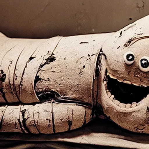 Image similar to photograph of a disgusting decomposing minion mummy lying in its sarcophagus, highly detailed