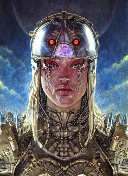 Prompt: symmetry! middle closeup chamber portrait of a biblical diabolical girl!! stylish cyborg armor, pirate spaceship, heavy eyes to the side, closeup, bright glowing eyes, in clouds, rain, sunset, by gerald brom, by mikhail vrubel, by peter elson, muted colors, extreme detail, mirrors, trending on artstation, 8 k