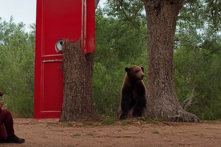 Image similar to grizzly wearing a red shirt sitting outside big tree with a red door by Roger Deakins