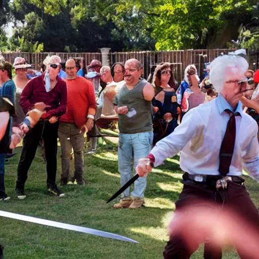 Image similar to people sword fighting at real estate auction, cinematic mid shots, high saturation color, where's wally