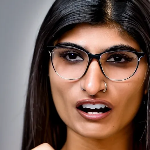 Image similar to a photo of mia khalifa being surprised, 50mm close up photography