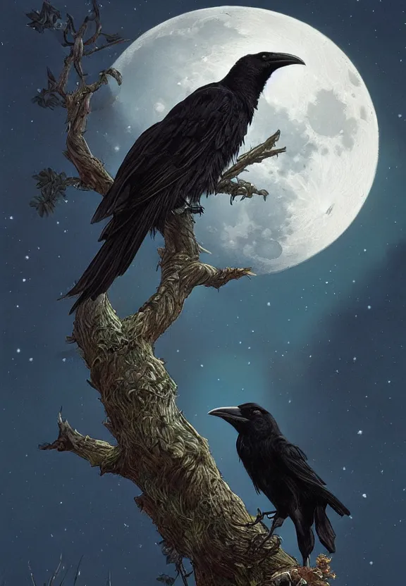 Prompt: crow on tree in front of the full big moon, highly detailed, digital painting, artstation, concept art, smooth, sharp focus, illustration, Unreal Engine 5, 8K, art by artgerm and greg rutkowski and alphonse mucha