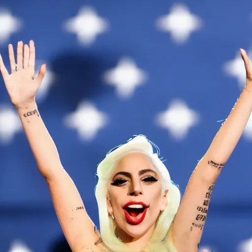 Prompt: Lady Gaga presidente of Argentina, Argentina flag behind, bokeh, detailed, hd, waving hands