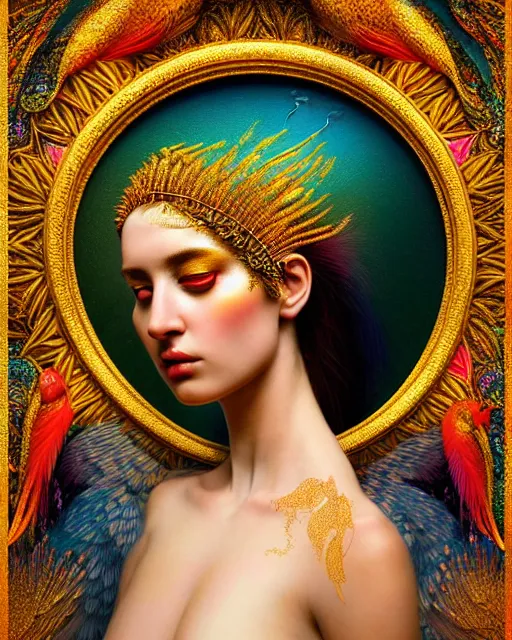 Image similar to portrait of the beautiful young goddess of birds, unusual beauty, etheric, outworldly colours, emotionally evoking symbolic metaphors, head in focus, fantasy, ornamental, intricate, elegant, highly detailed painting style photo, artstation, concept art, painterly, golden ratio, sharp focus, illustration, art by afarin sajedi,