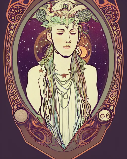 Prompt: a portrait of a galaxy as an androgynous druid spirit wearing five necklaces of moons and stars, draped in transparent cloth, flat colors, occult, minimal, swirly, bust by alphonse mucha, decorative art deco border, astrophotography, vast cosmos, fine illustration, trending on artstation