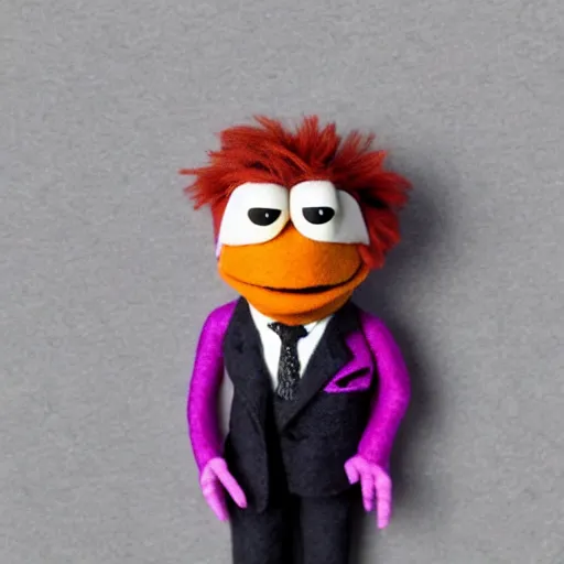 Image similar to saul goodman as a muppet. dark suit with pink dress shirt. highly detailed felt. hyper real photo. 4 k.