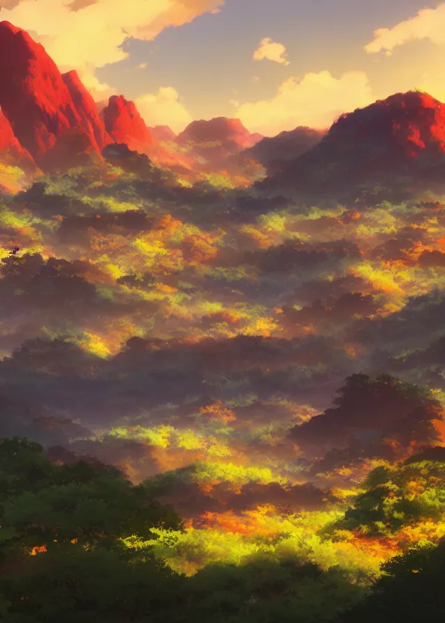 Prompt: landscape with red mountains, makoto shinkai