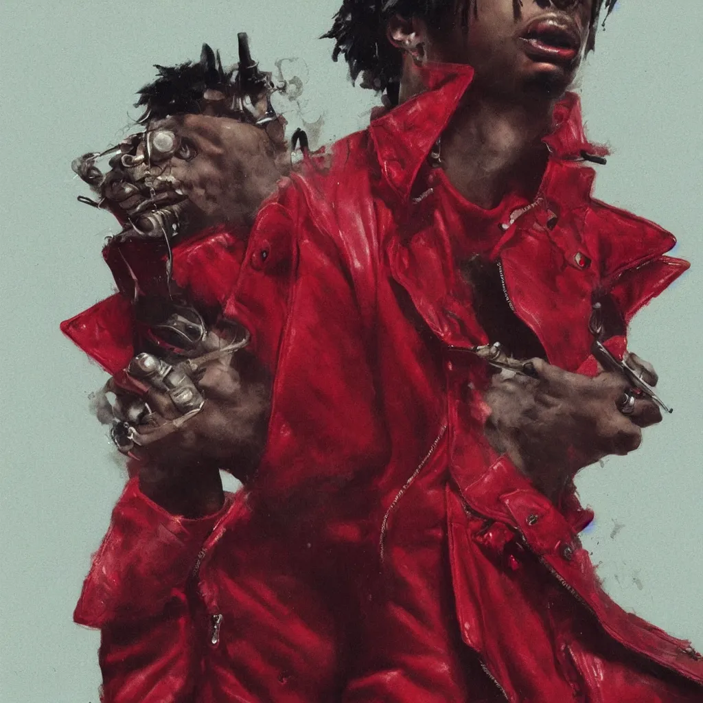 Prompt: closeup of playboi carti wearing a leather jacket smoking a blunt in a dark red room, atmospheric, illustrated by greg rutkowski, trending on artstation
