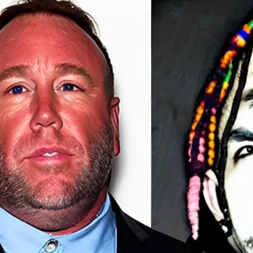 Prompt: Alex Jones appears as Tekasho 6ix9ine with dreadlocks and tattoos, high quality, photo
