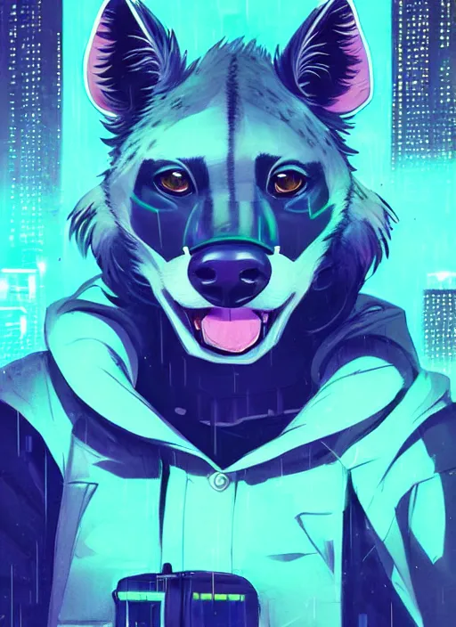 Prompt: beautiful portrait commission of a female furry anthro spotted hyena fursona wearing a police uniform. Cyberpunk city at night in the rain. Neon light. Atmospheric. Character design by charlie bowater, ross tran, artgerm, and makoto shinkai, detailed, inked, western comic book art