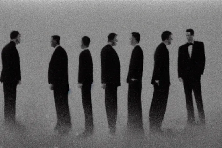 Image similar to 8 mm film still, blurry, grainy, liminal, unsettling, group of tall men in suits in a field at night, rain, flash on, dark midnight