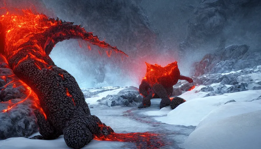 Prompt: Lava monster walking in the snow, hyperdetailed, artstation, cgsociety, 8k