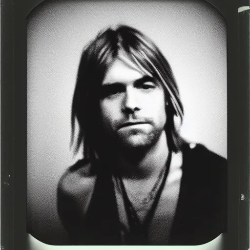 Image similar to polaroid of kurt cobain on a rainy night in seattle, raining! nighttime