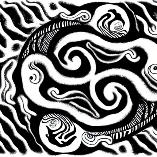 Image similar to whimsical yin Yang sea creatures as old black and white fleischer animation