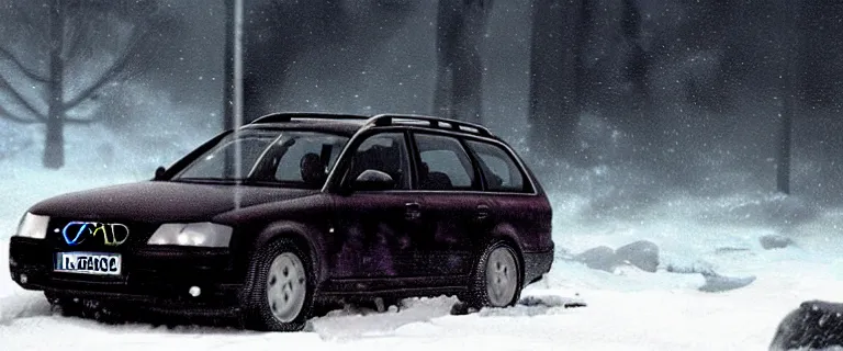 Prompt: Audi A4 B6 Avant (2002), a gritty neo-noir, dramatic lighting, cinematic, eerie person silhouette, death, homicide, homicide in the snow, gunshots, establishing shot, extremely high detail, photorealistic, cinematic lighting, artstation, by simon stalenhag, Max Payne (PC) (2001) winter new york at night, Max Payne 2 graphic novel style, flashing lights, Poets of the Fall - Late Goodbye