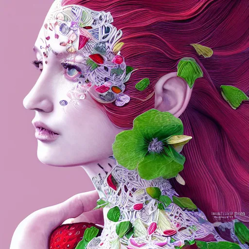 Image similar to the portrait of an absurdly beautiful, graceful, elegant, sophisticated, fashionable young woman made of strawberries and green petals looking up, an ultrafine hyperdetailed illustration by kim jung gi, irakli nadar, intricate linework, bright colors, octopath traveler, final fantasy, unreal engine 5 highly rendered, global illumination, radiant light, detailed and intricate environment