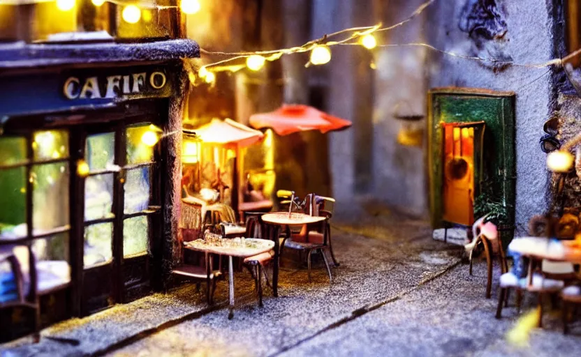 Image similar to mini cafe diorama macro photography, cafe for felted animals, alleyway, ambient, atmospheric photograph, string lights, romantic