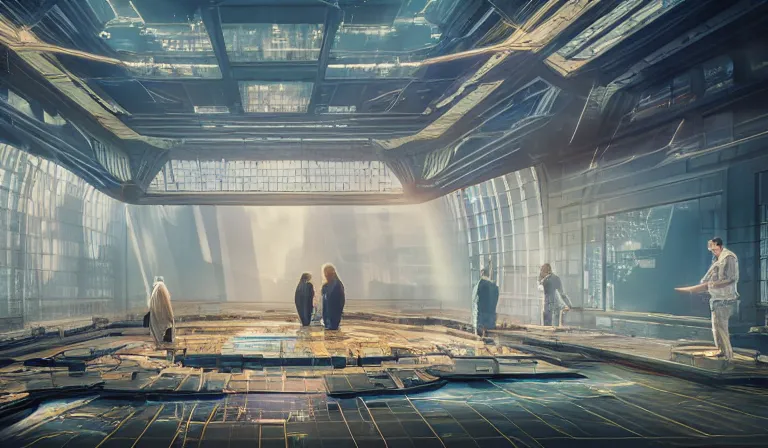 Prompt: group of people in bare walled museum, looking at hologram of futuristic city on a table, cinematic concept art, godrays, golden hour, natural sunlight, 4 k, clear details, tabletop model buildings, center model buildings, hologram center, crane shot, crane shot, crane shot