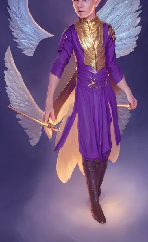 Prompt: a non - binary halfling with cropped hair and golden glowing angel wings, wearing a purple smoking jacket, d & d, fantasy, intricate, elegant, highly detailed, digital painting, artstation, concept art, matte, sharp focus, illustration, art by artgerm and greg rutkowski