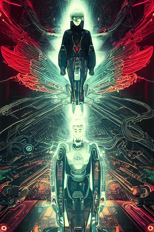 Image similar to white arc-angel with mystic robotic wings, blade runner, akira, ghost in the shell, 2077, style of Laurie Greasley and Satoshi Kon + symmetric lights and smoke, psychedelic effects , glowing particles, neon rain, glowing runes, de-noise, symmetrical composition, high detailed + tarot card, ornate border, 8k