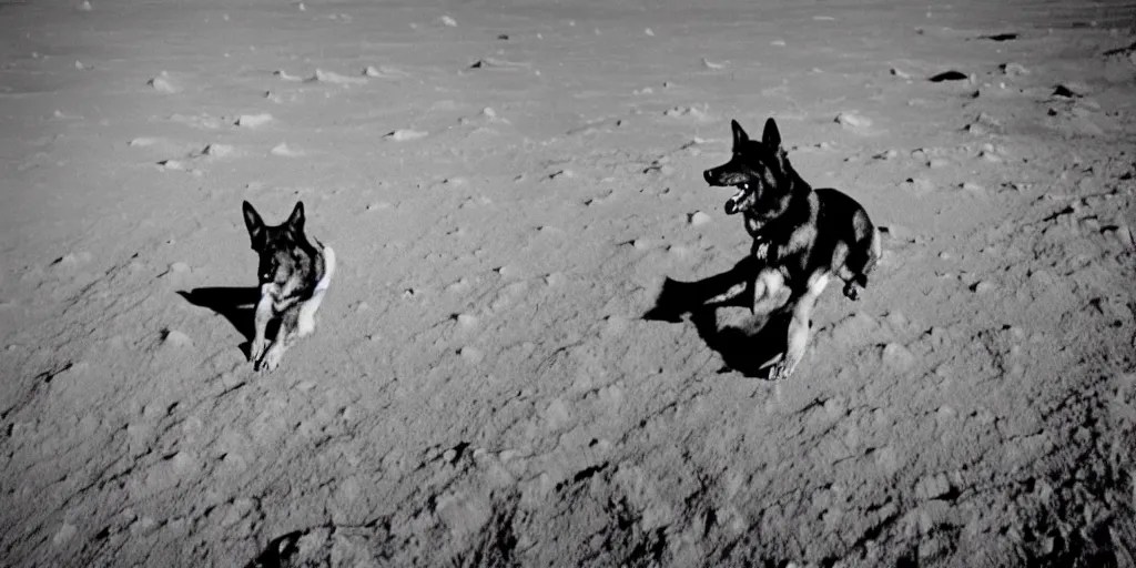 Image similar to high resolution photograph of a german shepherd on the moon surface, wearing a space suit, very detailed, realistic, shot on digital camera