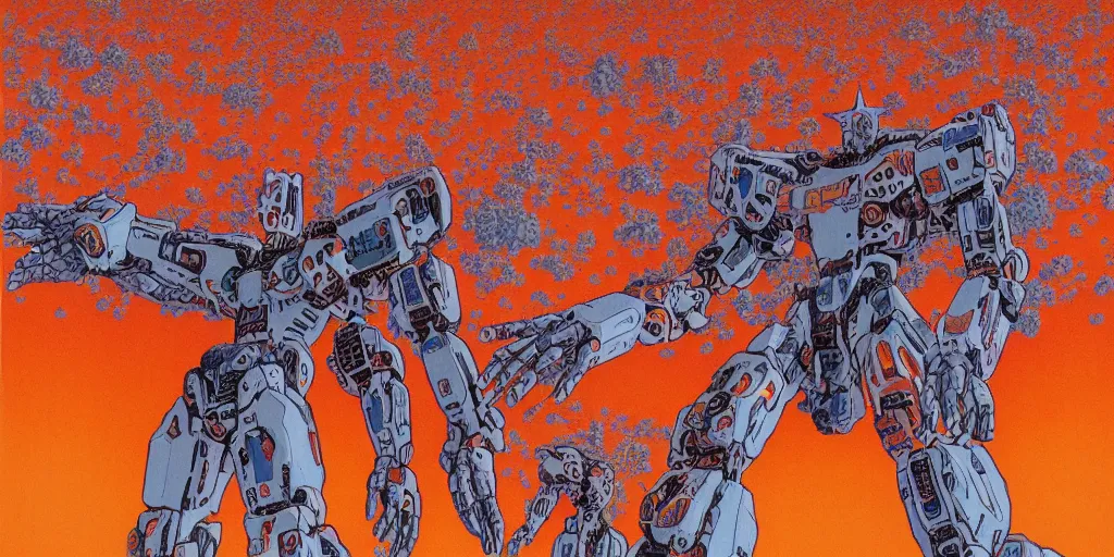 Prompt: risograph rendition of extremely - detailed white huge evangelion - like mech with a lot of orange tiny balls on it, children faces, ominous, intricate complexity, dramatic, epic composition, atmospheric, painting by moebius