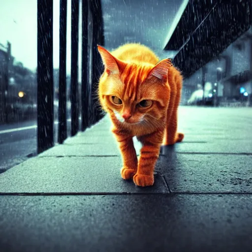 Image similar to a cute orange tabby cat on a sidewalk, it is night and raining, street lamps are illuminating the street, moody lighting, peaceful atmosphere, digital art, highly detailed, high contrast, beautiful lighting, award winning, trending on art station, 8 k,