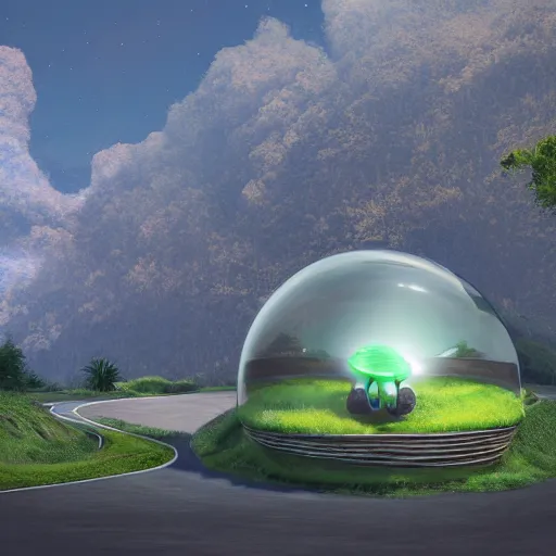 Prompt: airscape, driving through a beautiful wonderland, smoke - filled ， green hill, many interstellar plants, little dinosaur and man dance together in the glass camp, a spherical mechanical car, futuristic concept design, high detail render by octane, unreal engine, 8 k, cinematic
