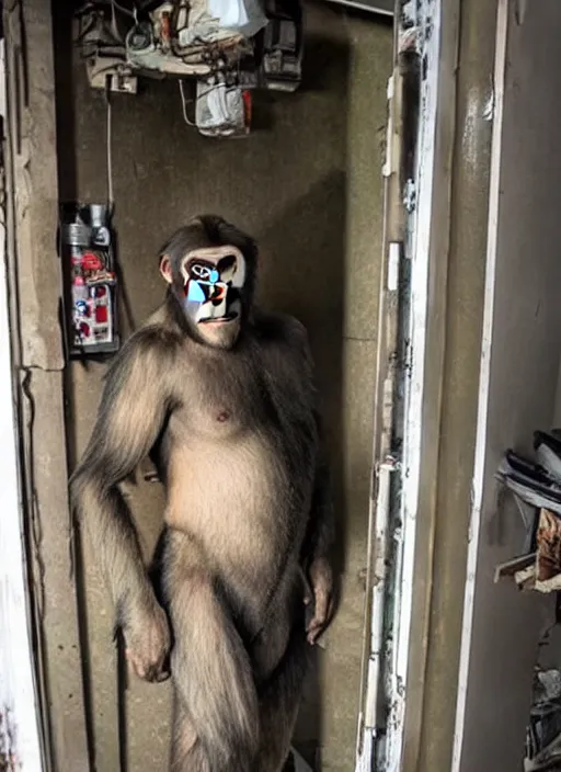 Image similar to scary hybrid human - ape, half human half ape inside fuse box in post communist apartment building