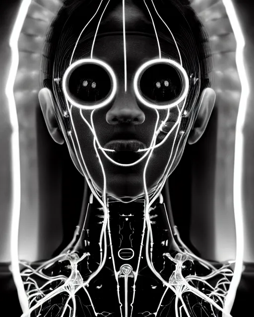 Image similar to black and white young cyborg - plant goddess high quality photo, microchip, artificial intelligence, bio - mechanical bio - luminescence, black wired cables, cinematic, rim light, photo - realistic, 8 k, in the style of steven meisel and dora maar and h. g. giger