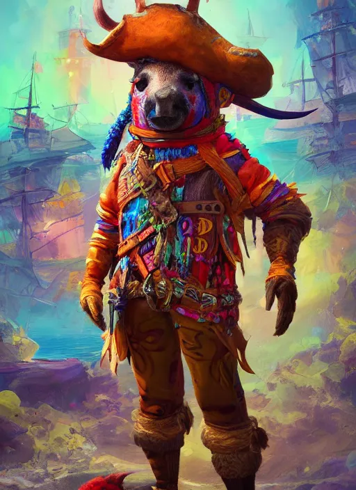 Prompt: detailed full body concept art illustration colorful oil painting of an anthropomorphic capybara pirate in full intricate colorful clothing, ultra detailed, digital art, octane render, 4K, dystopian, biomutant, micro details, hyperrealistic