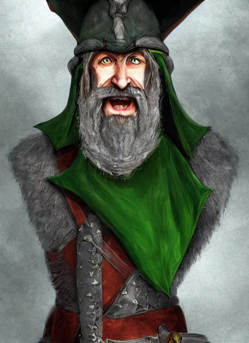 Image similar to ratfolk with a gray beard, tricorne hat, green cape, digital art, fantasy, d & d, warhammer, realistic, detailed