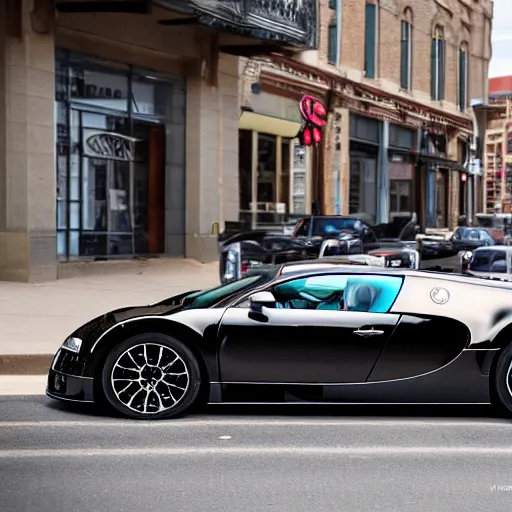 Image similar to photograph of a bugatti veyron on the streets of downtown kansas city missouri, daytime, realistic, 8 k